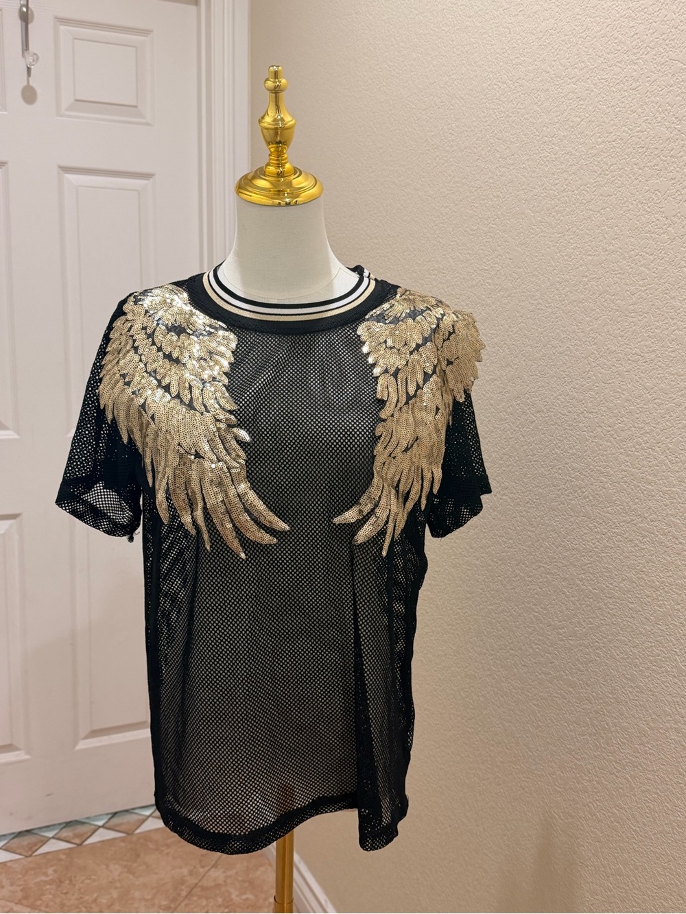 love J Black Mesh Short Sleeve Top with Gold Wing Appliqués